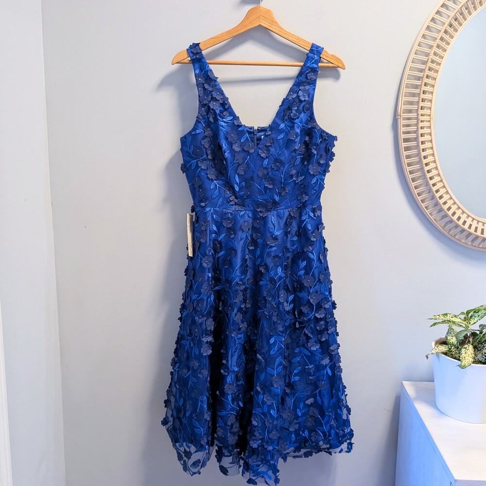 ELIZA J Royal Blue 3D Floral Applique V Neck Fit & Flare Midi Dress size 8P NWT